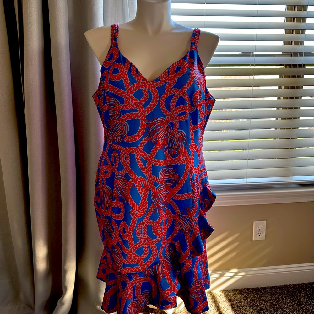 Gretchen Scott Designs Blue and Red Sleeveless V-Neck Ruffled Dress
